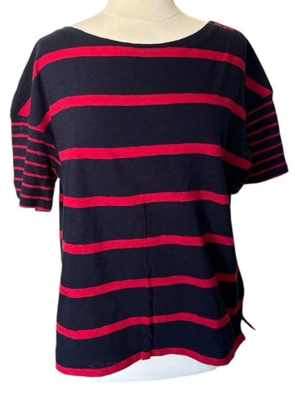 Talbots Striped Boatneck Cotton Tee XL Navy Red Short Sleeve